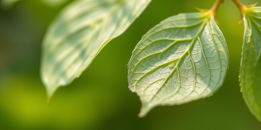 Create a close-up macro photograph of delicate, translucent leaves with intricate vein patterns against a softly blurred green background, using a DSLR camera with a 100mm macro lens, aperture set to f/2.8 for shallow depth of field, ISO 200 for clarity, and natural lighting to enhance the ethereal quality.