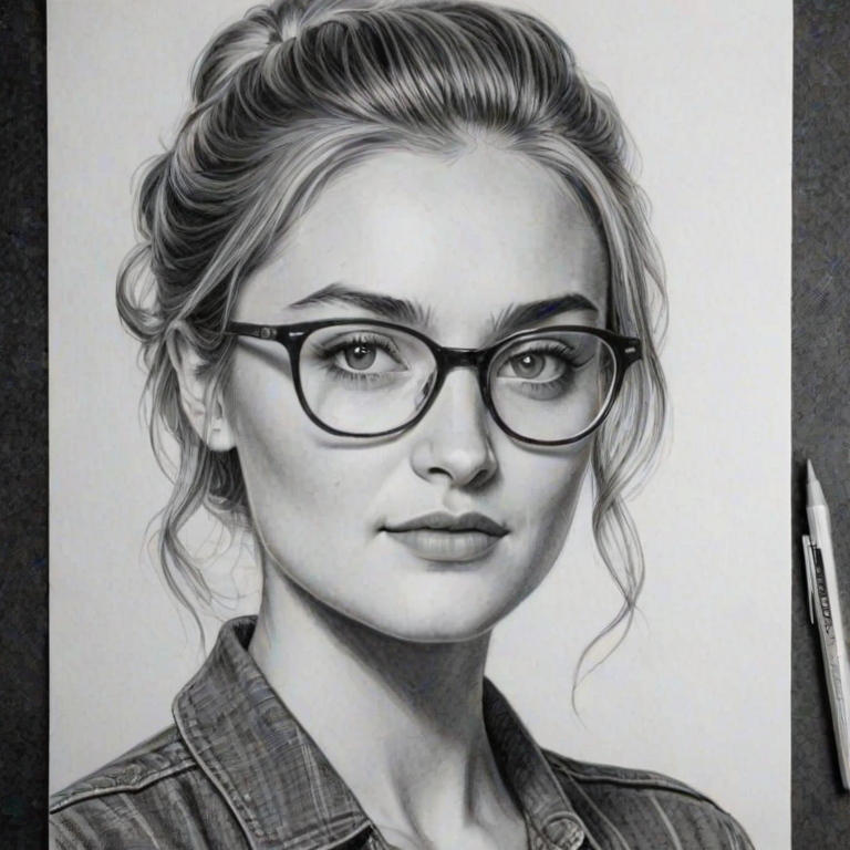 Fetching AJ Michalka, pencil sketch, portrait of Captivating woman 1949s in glasses, hair style beatnik, outline, clear lines, fine lines, 8k