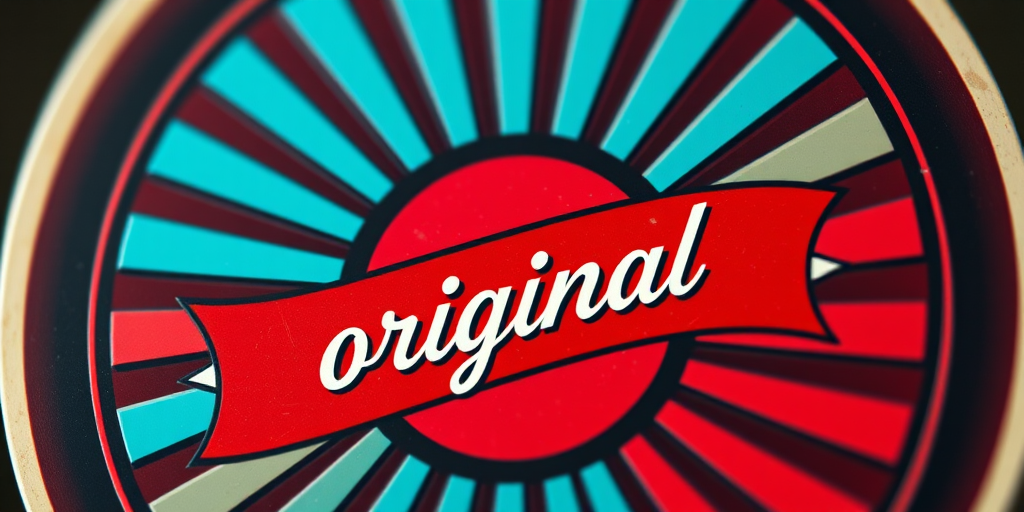 Create a vintage-style logo with a circular design featuring turquoise and red rays radiating from the center, a wavy red banner across the middle with the word "original" in an elegant script font, using a DSLR camera with a 50mm lens, f/1.8 aperture, ISO 100, natural lighting, and a shallow depth of field for enhanced image quality.