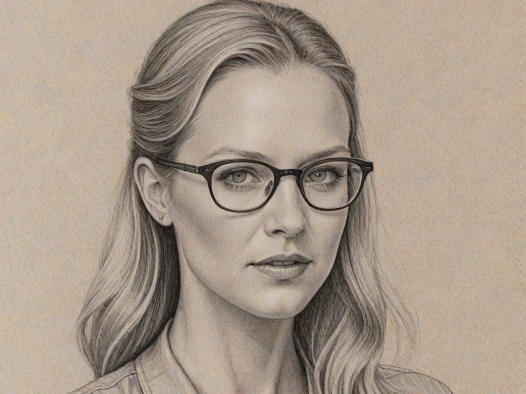 Gorgeous A.J. Cook, pencil sketch, portrait of Fascinating woman 1941s in glasses, hair style beatnik, outline, clear lines, fine lines, 8k