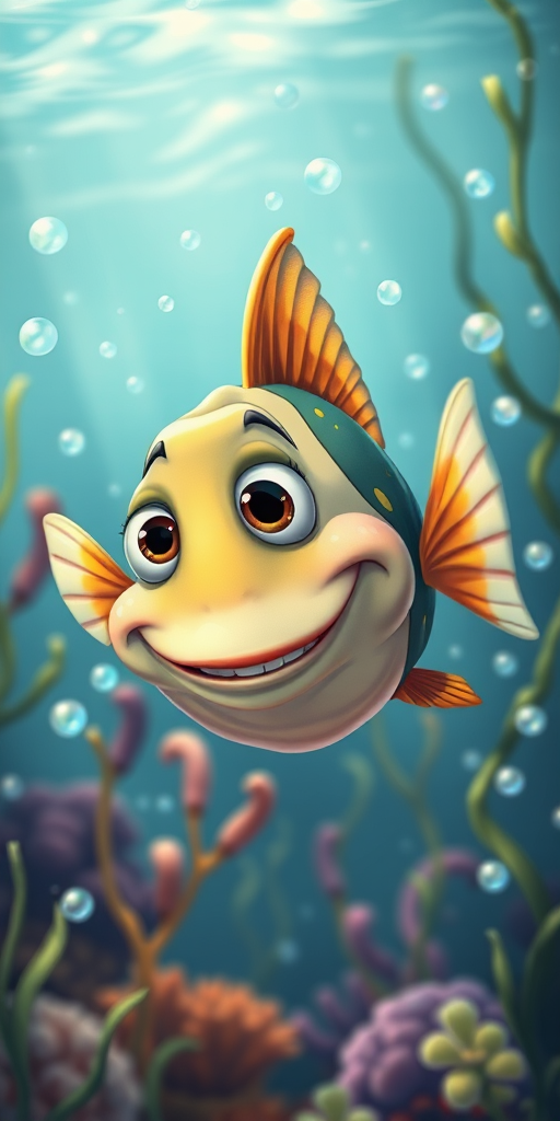 Create an illustration of a cartoonish, stylized fish with exaggerated facial features and a wide grin, swimming in a bubbly underwater scene surrounded by aquatic plants, captured with a DSLR camera, 50mm lens, f/2.8 aperture, ISO 100, natural lighting, high dynamic range.