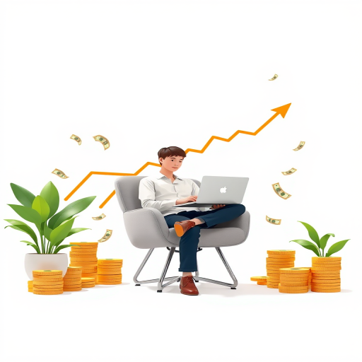 Create a digital illustration of a person sitting on a chair with a laptop, surrounded by money and a rising graph, using a clean white background, captured with a 50mm lens, f/2.8 aperture for shallow depth of field, bright lighting to enhance colors, and a high-resolution setting to ensure sharpness and detail.