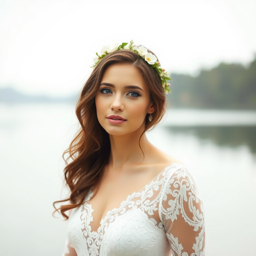 water front lake scene, bridal model, delicate lace gown, floral headpiece, soft romantic focus, high-key lighting and an 85mm lens for soft, even tones that highlight the model’s face and bright outfit against a white or light background