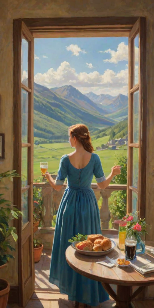 In "A Glass of Beer on the Highland," a serene scene is depicted in a sunlit room where a woman in a vibrant blue dress stands by a large window. She holds a tray with a hearty meal and a frothy glass of beer, embodying a moment of relaxation. Outside, the breathtaking highland landscape features rolling green hills and a charming traditional house, all bathed in warm afternoon light. The interior is adorned with potted plants, creating a harmonious blend of comfort and nature. The painting beautifully captures the tranquility and joy found in simple pleasures amidst stunning scenery