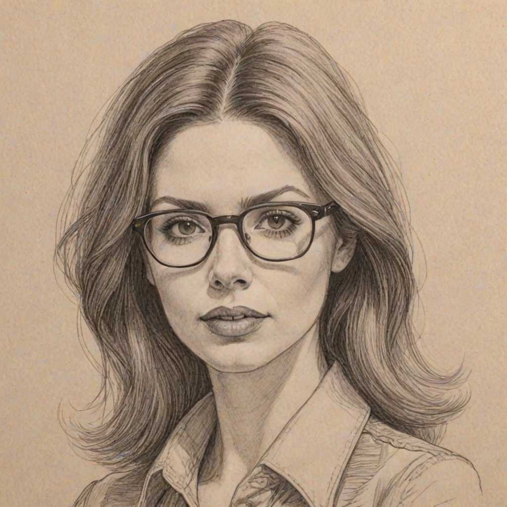 Bewitching Michele Trachtenberg, pencil sketch, portrait of Captivating woman 1972s in glasses, hair style beatnik, outline, clear lines, fine lines, 8k