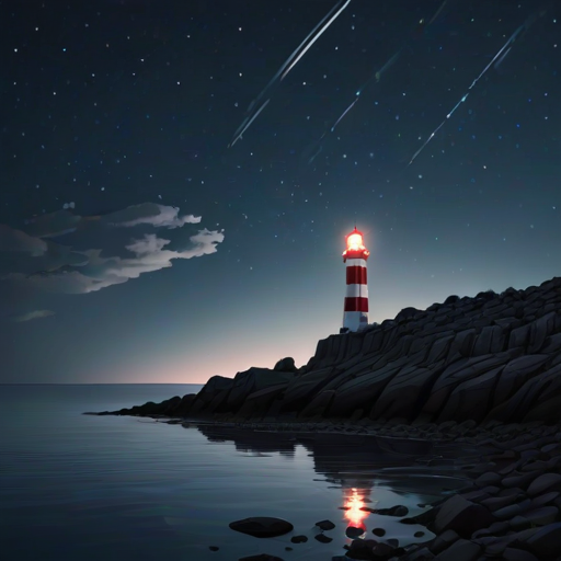 create a minimalist digital illustration of a striped lighthouse on a rocky shore under a night sky with subtle clouds and water reflection