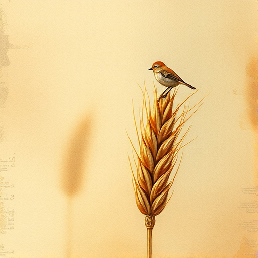 Soft, muted Alcohol Ink with ebru effect background image of tiny whimsical gazalle, who climbed high on the top of a golden rye ear.