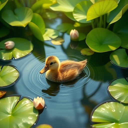 Create a highly detailed illustration of a duckling swimming in a serene pond surrounded by lily pads, with soft light filtering through lush green foliage, use a DSLR camera, 50mm lens, aperture f/2.8, ISO 200, and an overhead angle.
