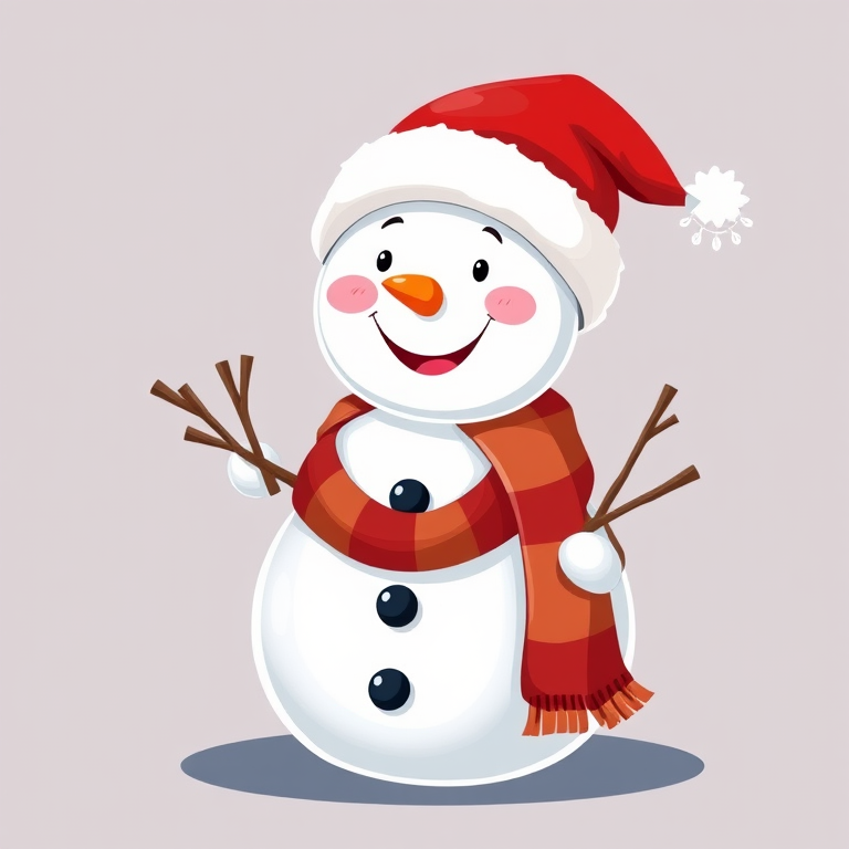 Create an illustration of a cheerful snowman wearing a red Santa hat and a scarf, with a friendly expression, holding a bundle of sticks, in bright colors, with a black background, using a Canon EOS R5, f/2.8 aperture, 50mm lens, natural lighting, and a 300dpi resolution.