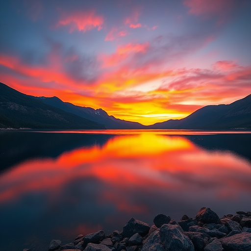 Create a highly detailed image of a serene landscape featuring a calm lake surrounded by mountains during sunset, with vibrant colors reflecting on the water, using a DSLR camera with an aperture of f/8, ISO 100, shutter speed 1/125s, captured from a wide-angle view.