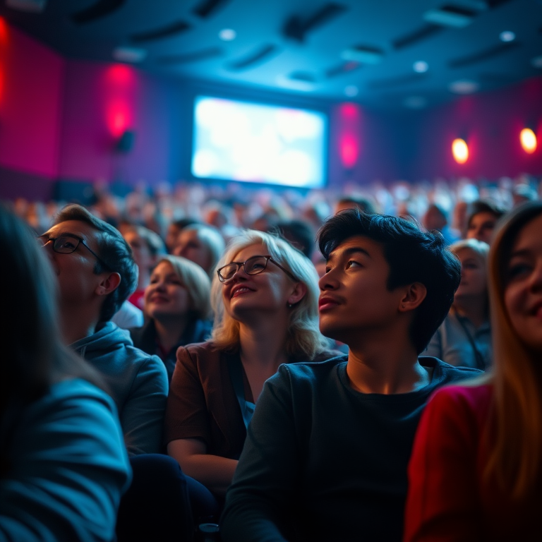 A vibrant and lively scene of a cinema audience with diverse people enjoying a movie, bright lighting from the projector, soft focus background, sharp foreground details, captured with a DSLR camera, aperture f/2.8, shutter speed 1/60, ISO 800, wide-angle lens, cinematic style.