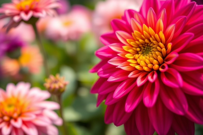 Close-up of vibrant dahlia flowers in a garden, with a shallow depth of field, f/2.8 aperture, 50mm lens, ISO 200, soft natural lighting, DSLR camera.