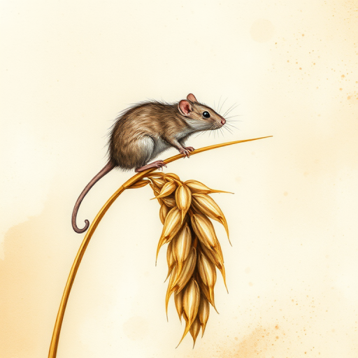 Soft, muted Alcohol Ink with ebru effect background image of tiny whimsical rat, who climbed high on the top of a golden rye ear.