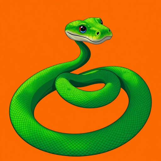 Create a vibrant illustration of a green snake coiling gracefully against a bright orange background, using a high-resolution digital drawing style, shot with a 50mm lens at f/2.8 for a soft background blur.