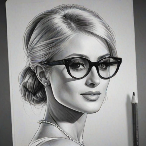 Fetching Paris Hilton, pencil sketch, portrait of Fascinating woman 1923s in glasses, hair style beatnik, outline, clear lines, fine lines, 8k