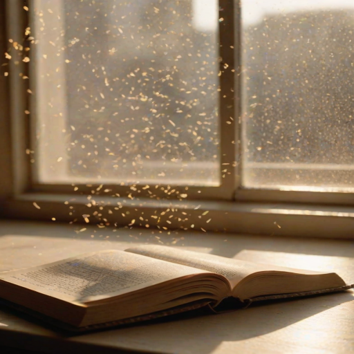 Softly lit close-up of a book lying open on a windowsill, pages gently turning in the breeze, with soft golden light streaming through the window and dust particles dancing in the sunlight.