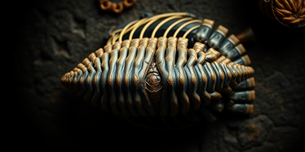 Create a highly detailed illustration of a trilobite from a top-down view, using a DSLR camera with a 50mm lens, aperture set to f/8, ISO 100, and a high-resolution setting to enhance clarity and texture.