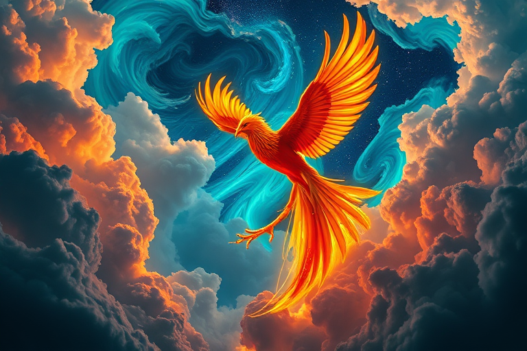 Create a vibrant and dynamic image of a phoenix rising amid swirling clouds, capturing fiery oranges, blues, and greens in a cosmic setting, using a Canon EOS R5, 24mm lens, f/2.8, ISO 100, with a wide-angle view and high dynamic range to enhance details and colors.