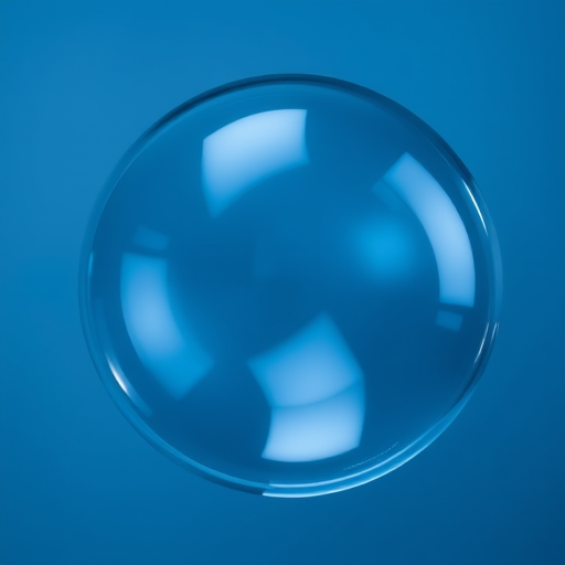 Create a hyper-realistic image of a translucent blue bubble with soft reflections and highlights, using a 50mm lens, f/2.8 aperture, 1/200 shutter speed, and soft diffused lighting, shot at eye level from a close-up perspective.
