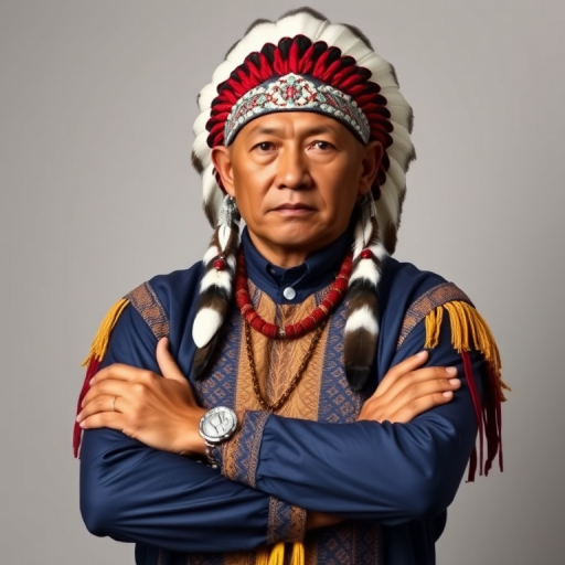 Create a dignified portrait of a Native American man dressed in traditional attire. He wears a beautifully crafted headdress adorned with white feathers and red beads, along with a beaded headband featuring intricate patterns. His clothing includes a deep blue, patterned shirt and a traditional chest piece with detailed beadwork. His arms are crossed, displaying leather armbands decorated with feathers. The background is simple and neutral, emphasizing his proud and stoic expression. The overall image captures the rich cultural heritage and strength of his persona.