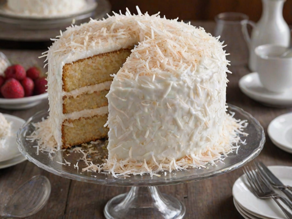 Create an image of a three-layer coconut cake with a fluffy white frosting and a generous amount of shredded coconut on top. The cake should be displayed on a glass cake stand, with a slice cut out to reveal its layers. The background should be dark to contrast with the bright white of the cake.