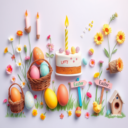 Create a vibrant Easter-themed illustration featuring Easter eggs, a cake with a candle, candles, a color palette, flowers, a basket with eggs, a chick, a signpost, and a decorated birdhouse, using a Canon EOS R5 camera with a 50mm lens, f/1.8 aperture, ISO 200, in a flat lay composition for clear detail and color richness.