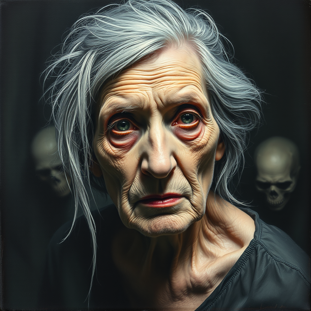Final exit party. Dark Moody impasto dark picture edges. old woman. grey untidy hair streaked with white and pastel muted colours. include whole head and neck and shoulders. death lurks in the background.