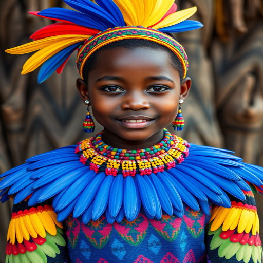 A beautiful Garifuna girl, wearing colorful bird clothing with vibrant colors