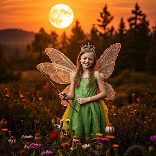A vivid photo  taken under a bright camera flash of a fantastical scene set against a backdrop of a forest during sunset. The main subject is a girl dressed as a fairy, adorned with translucent wings and a green dress, holding a wand, her face is happy, and she wears a crown on her head. The forest behind her is a blend of flowers, shrubs and trees. The sky is painted in hues of orange and pink, with a large, glowing moon casting a warm glow over the scene. The overall color palette is dominated by earthy tones.