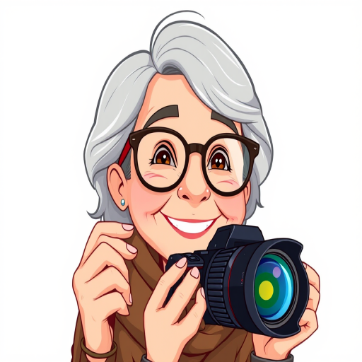 Generate a cartoon illustration of a cheerful elderly woman with glasses and gray hair, wearing a scarf, set against a plain white background, using a DSLR camera with a 50mm lens, aperture f/1.8, ISO 200, and a soft focus style to enhance the image quality.