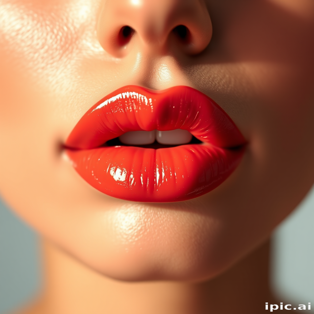 Luscious coral-hued lips with a glossy finish shine under soft studio lighting, showcasing a perfect cupid's bow and plump texture, evoking a sense of warmth and sensuality