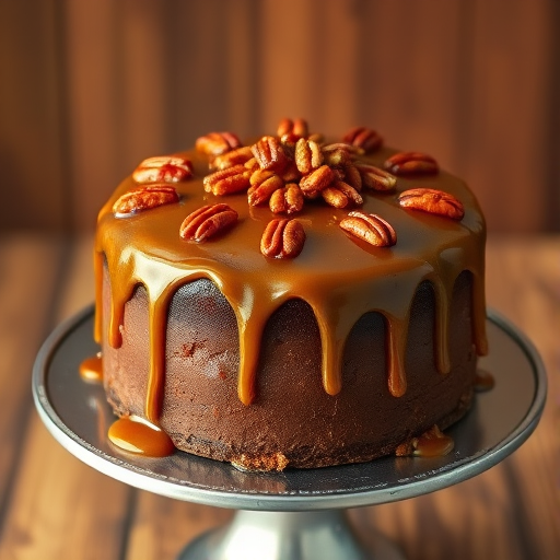 A beautifully decorated chocolate cake topped with caramel sauce and sprinkled with chopped pecans on a silver cake stand against a warm background.