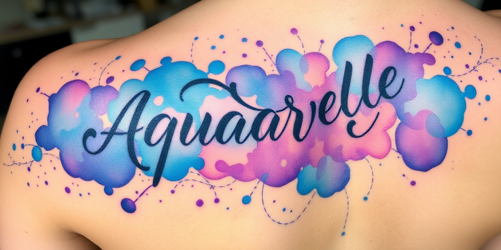 Vibrant watercolor splashes form an intricate "Aquarelle Dream" tattoo, blending soothing blues and purples with delicate linework, creating a dreamy and ethereal appearance on the skin