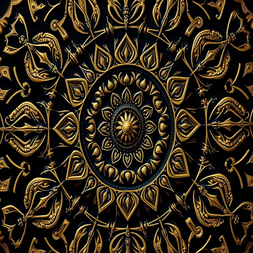 Create an intricate gold and black mandala pattern featuring ornate details and symmetrical designs, captured with a Canon EOS R5 at f/8, 1/200s, ISO 100, with a macro lens in a top-down view to enhance texture and detail.