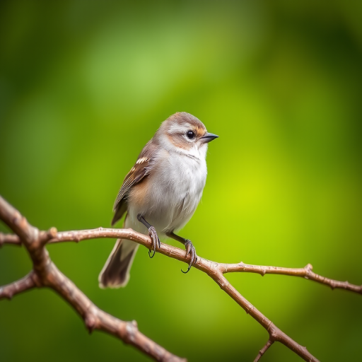 Capture a close-up of a small bird perched on a branch, sharp focus on the bird with a blurred green background, 50mm lens, aperture f/2.8, shutter speed 1/250s, ISO 400, using a DSLR camera with natural lighting.