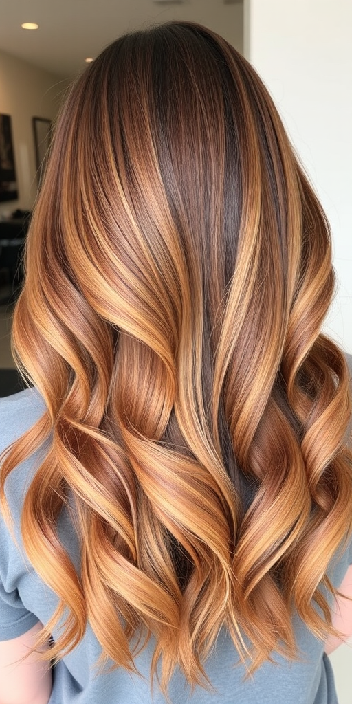 Warm caramel balayage on a long layered haircut, Honey Spice style, blending golden tones with rich brunette for a sun-kissed, dimensional effect