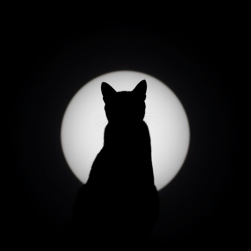 Create a high-quality image of a stylized black cat silhouette against a contrasting background, using a Canon EOS R5 camera with a 50mm f/1.2 lens, aperture set to f/4 for sharpness, ISO 100 for clarity, and a low angle view to emphasize the silhouette's features.