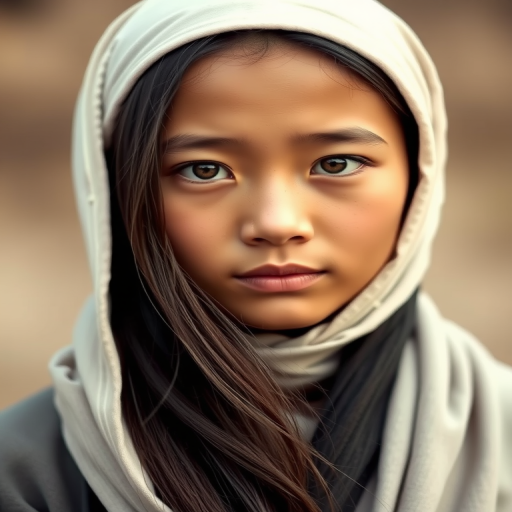 Create a portrait of a young Tibetan female with long, dark hair and captivating hazel eyes. She is wearing a white headscarf and a matching scarf draped gracefully around her neck. The background is softly blurred, focusing attention on her serene and natural expression. The overall color palette is muted and warm, enhancing the intimate and authentic feel of the portrait.