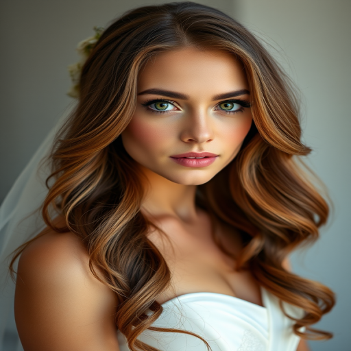 Create a high-resolution portrait of a bride in a strapless wedding dress with flowing brown hair and striking green eyes, shot with a DSLR camera at f/2.8 aperture, 50mm lens, in portrait orientation, using soft natural lighting for an elegant and dreamy effect.