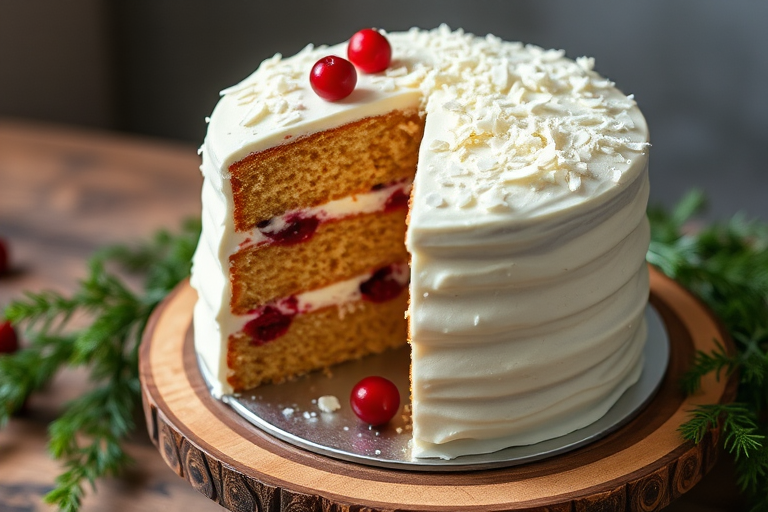 A beautifully decorated three-layer cake with white frosting and coconut flakes on top, showing a slice removed to reveal layers of cake and cranberry filling, garnished with fresh cranberries, placed on a wooden cake stand with a metallic base, surrounded by greenery.