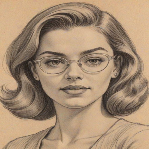Appealing Jessie Paege, pencil sketch, portrait of Delightful woman 1946s in glasses, hair style beatnik, outline, clear lines, fine lines, 8k