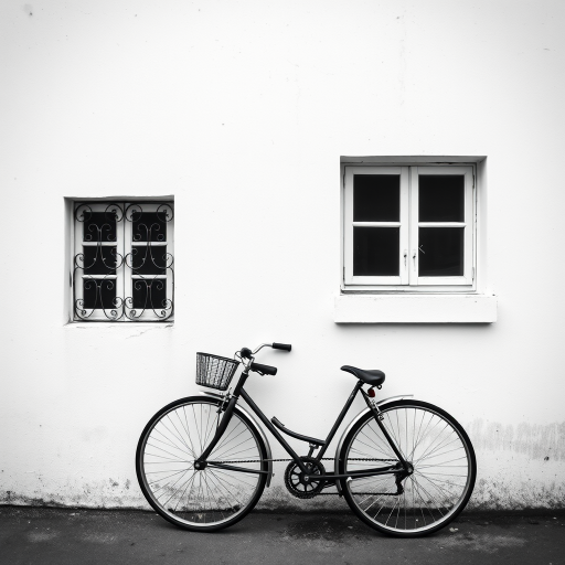 create a black and white image of a vintage bicycle leaning against a textured white wall with a small window beside it