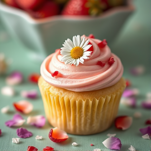 A close-up of a delicious cupcake with pink frosting topped with a small daisy and crushed strawberry pieces surrounded by scattered flower petals on a green surface with a blurred bowl in the background.