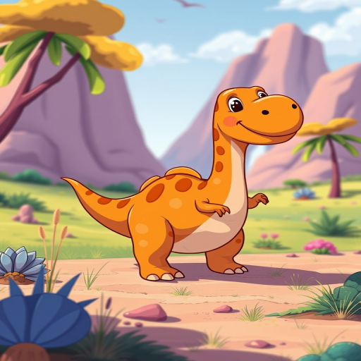 Create a cartoon-style illustration of a friendly, orange dinosaur with spots standing in a bright, colorful landscape, shot with a DSLR camera at f/2.8, 50mm lens, ISO 100, and a wide-angle view to enhance depth.