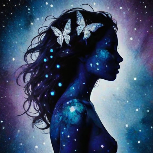 Captivating conceptual render alcohol ink art, double exposure, the paint strokes artfully merge combining a woman's full silhouette with a Beaming butterfly's silhouette. The figures are composed of a series of colored dots, lines & spots that evoke the image of a cosmic galaxy, colors are deep shades of blue purple & black with flashes of white & silver representing distant stars. The woman's silhouette is formed within the lion's silhouette from constellations of scattered stars, surreal