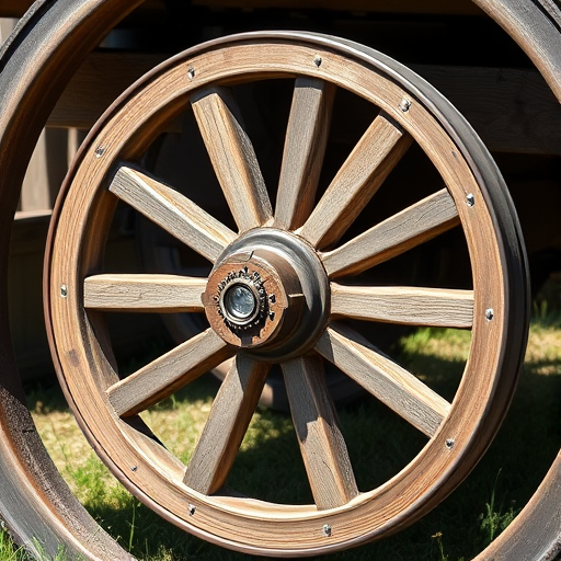 Create a high-resolution image of a wooden wagon wheel with 12 spokes, captured in natural sunlight at f/2.8 aperture, ISO 100, 50mm lens, from a slightly elevated angle to emphasize the texture and details, in a DSLR camera style.