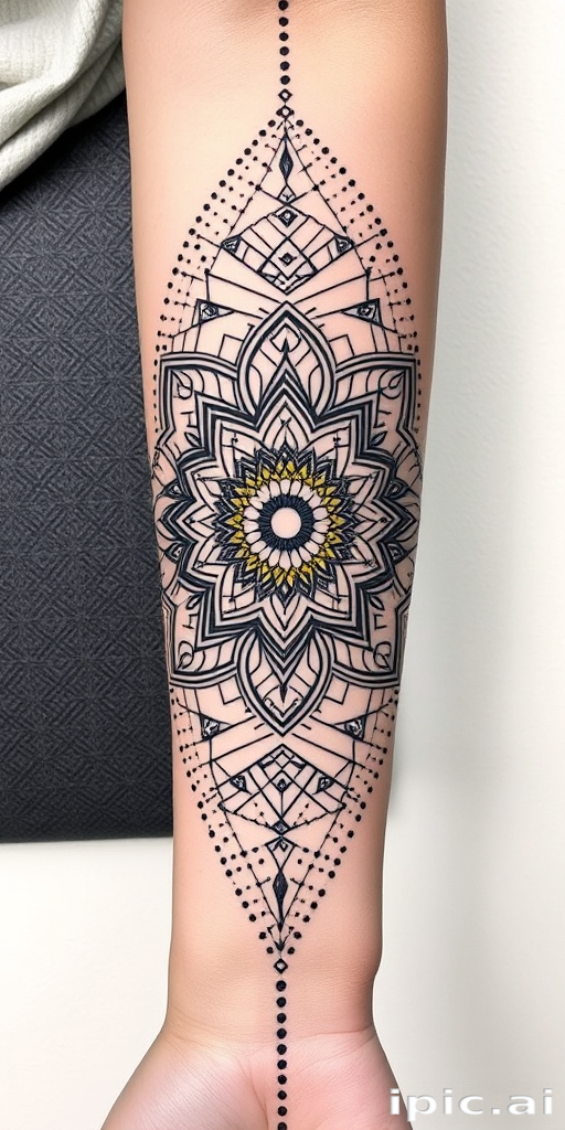 Intricate blackwork mandala tattoo featuring geometric patterns and dotwork shading, adorning the forearm with delicate lines and symmetrical shapes, creating a mesmerizing optical illusion effect