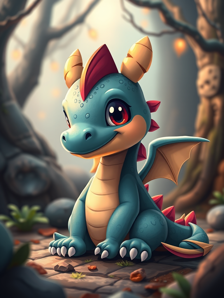 Create a highly detailed digital illustration of a cute cartoon dragon sitting in a mystical environment, using a DSLR camera with a 50mm lens, aperture set to f/1.8, ISO 100, and a slight vignette effect to enhance colors and shadows, shot from a low angle to emphasize the dragon's features and vibrant colors.