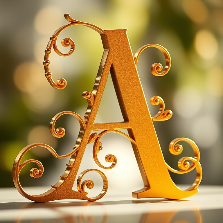Create a high-resolution image of an elegant gold letter "A" with intricate swirls and curves, captured with a Canon EOS R5, using a 50mm lens at f/1.8, in soft natural light, with a shallow depth of field for a stunning bokeh effect.