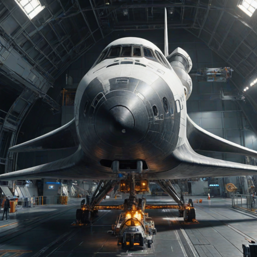 Futuristic space shuttle, large words "SIE" on the side, in landing bay. Hyper-realistic, 4K, HDR,